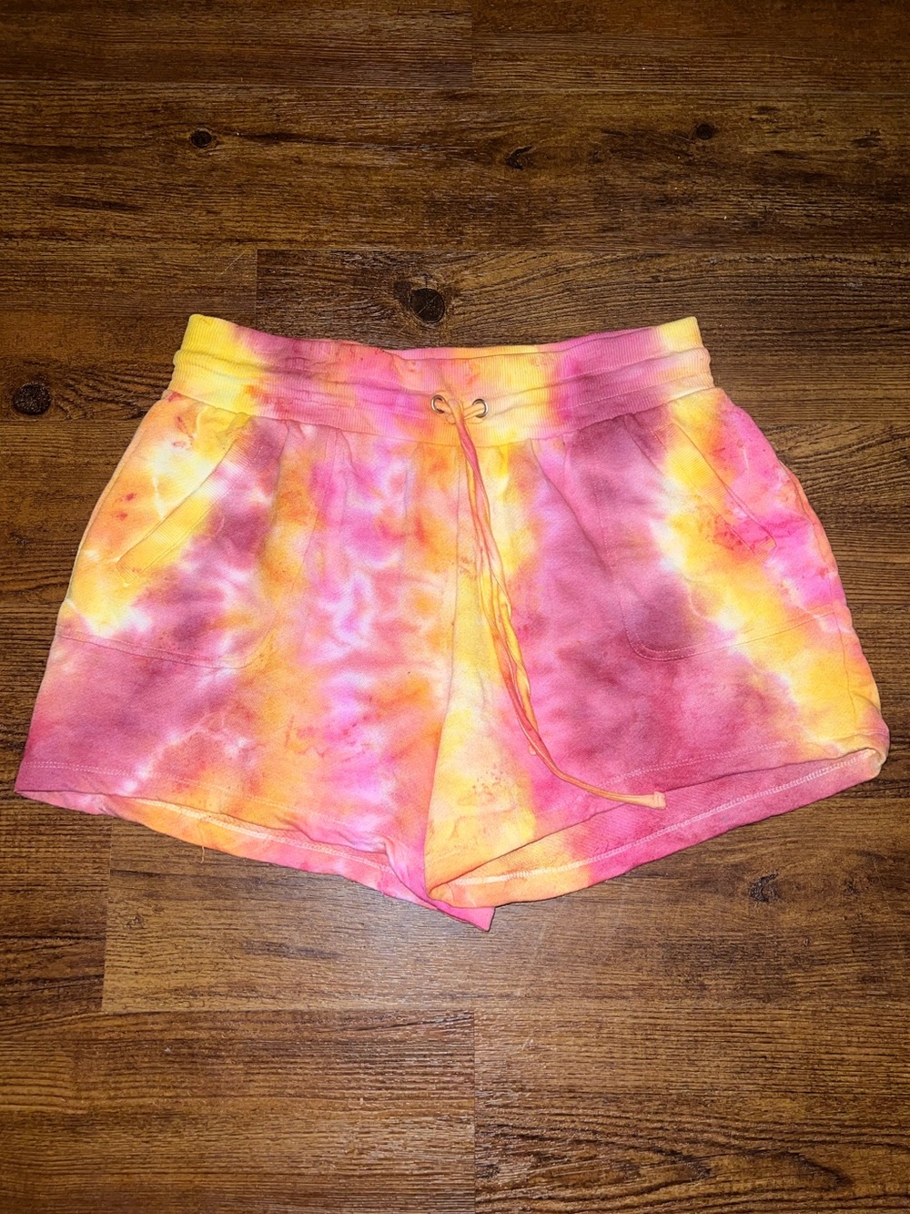 Handmade Tie Dye Pink Yellow Orange Soft Cozy Drawstring Lounge Shorts Size 1X